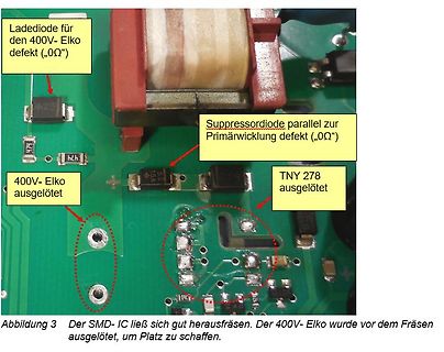 Beschriftete Leiterplatte mit defekten Bauteilen