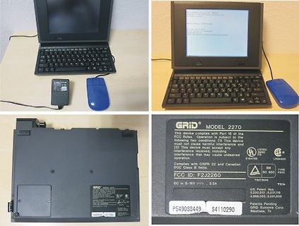 Fotos eines GRID Model 2270 Laptops und Netzteil-Typenschilds