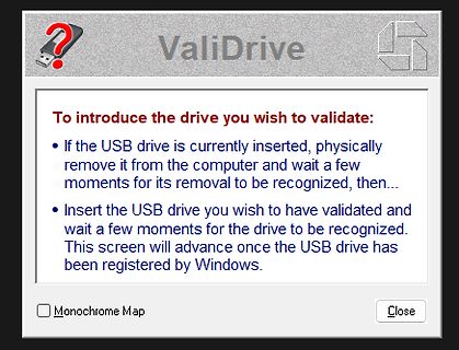Software-Fenster ValiDrive zur USB-Validierung