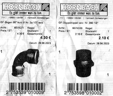 Zwei Hornbach-Kassenbons mit Rohrverbindungsstücken