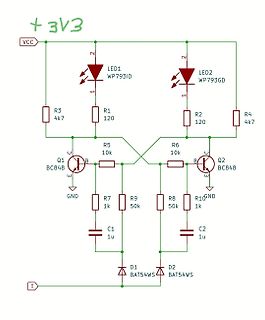 Schaltplan mit zwei LEDs und Transistoren