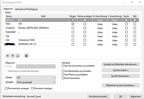 Eigenschaften-Dialogfenster eines Elektronik-CAD-Programms