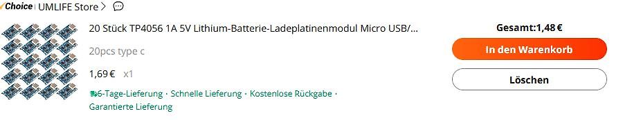 Warenkorb eines Online-Shops für Elektronikmodule