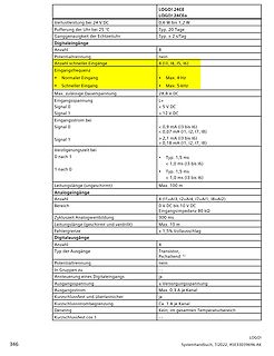 Tabellarische technische Spezifikationen eines Geräts