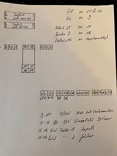 Handschriftliche Skizze einer Klemmenbelegung und Schaltplan-Notizen