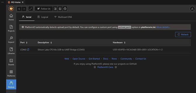 Screenshot der PlatformIO Devices Übersicht
