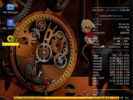 Desktop-Hintergrund mit Uhrwerk-Motiv und Systeminformationen