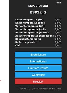 Benutzeroberfläche eines ESP32-DevKit mit Temperaturmesswerten