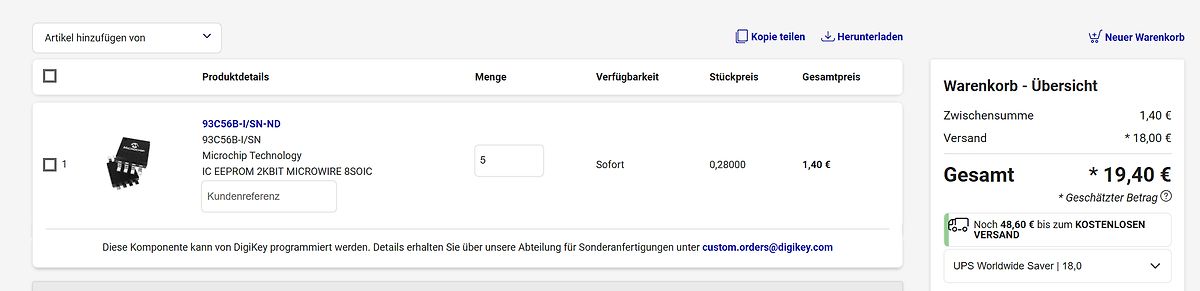 Warenkorb-Übersicht eines Online-Shops