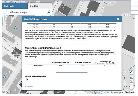 Screenshot einer Website mit Informationen zu Mobilfunkantennen