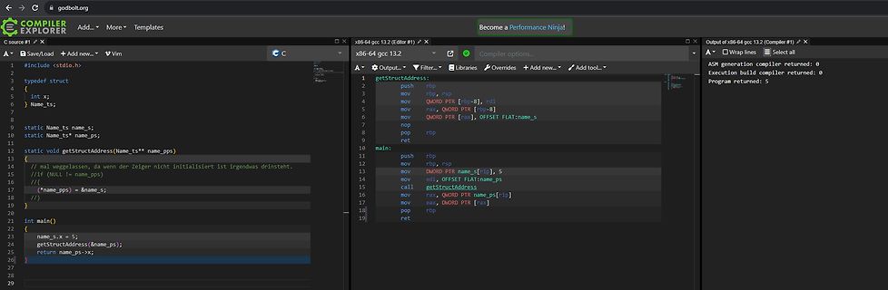 Screenshot eines Online-Compilers mit C-Code und Assembly