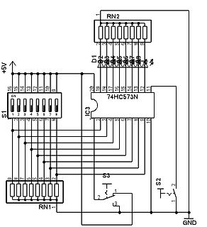 Schaltplan mit IC, LEDs, Schaltern und Widerstandsnetzwerken