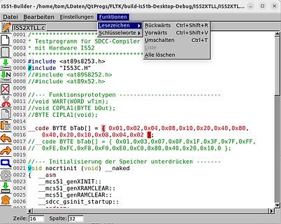 Code-Editor mit C-Quelltext für SDCC-Compiler