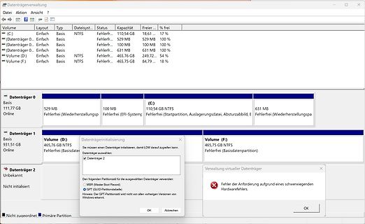 Windows Datenträgerverwaltung mit Fehlermeldungen