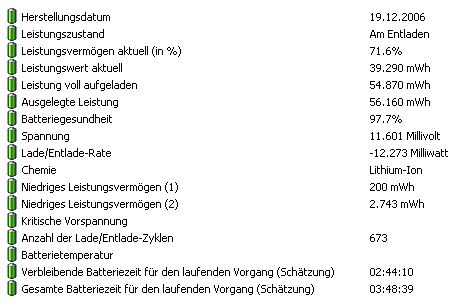 Batterie-Statusanzeige mit technischen Daten