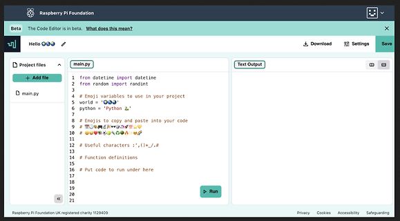 Screenshot eines Online-Code-Editors der Raspberry Pi Foundation