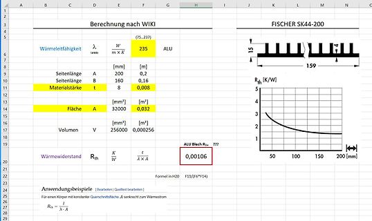 Excel-Tabelle zur Berechnung des Wärmewiderstands eines Kühlkörpers