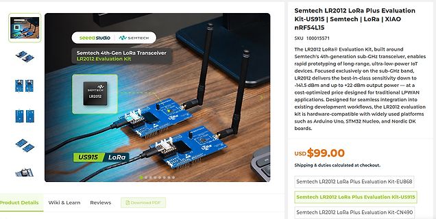 Screenshot eines Webshops für ein Semtech LoRa Evaluation Kit