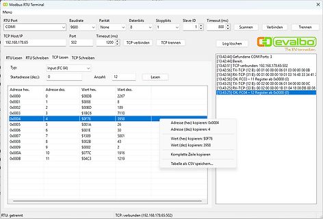 Modbus RTU Terminal Software mit Registerdaten