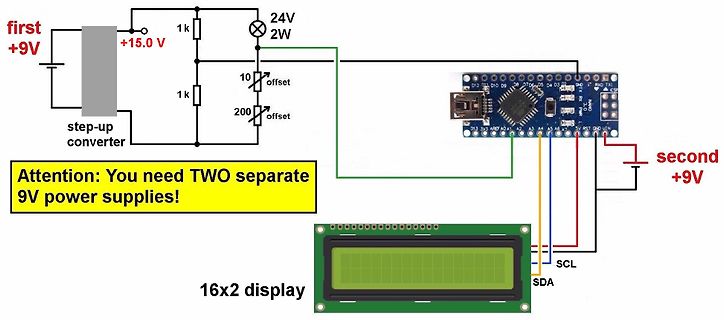 Schaltplan mit Step-up-Konverter, Arduino und LCD-Display