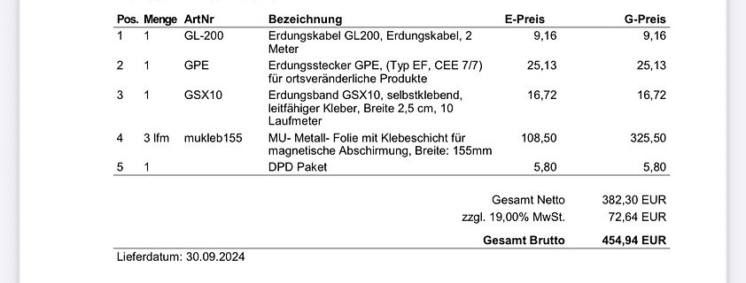 Rechnungspositionen und Gesamtsumme
