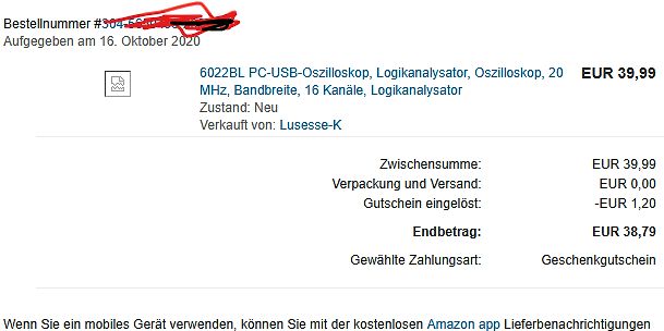 Amazon Bestellübersicht eines Oszilloskops