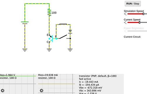 Schaltplan und Messwerte einer Transistor-Simulation
