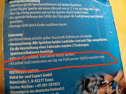 Verpackungstext für Speichenreflektoren