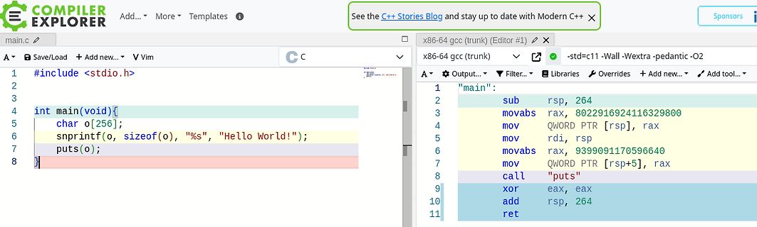 Compiler Explorer C-Code und x86-64 Assembly