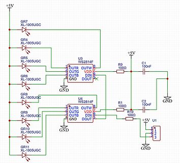 Schaltplan mit Dioden und WS2814F ICs