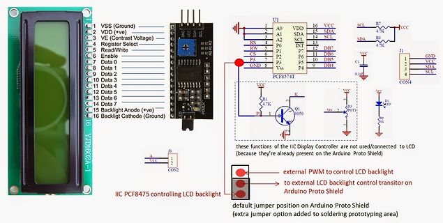 LCD-Display, PCF8574T I2C-Adapter und Schaltplan