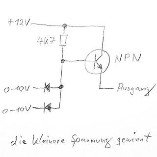 Handgezeichneter Schaltplan mit NPN-Transistor und Dioden