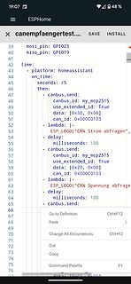 Smartphone-Screenshot von ESPHome YAML-Konfigurationscode