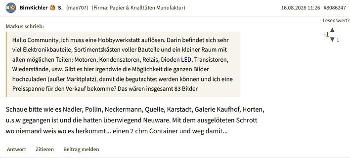 Screenshot eines Forenbeitrags über Hobbywerkstatt-Auflösung
