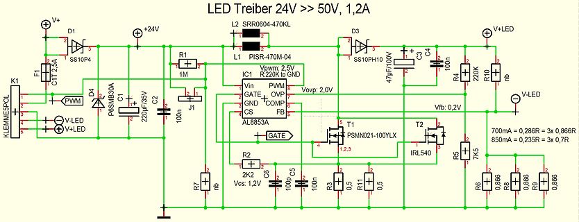 Schaltplan eines LED-Treibers 24V zu 50V