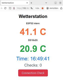 Webinterface einer Wetterstation mit Temperaturmesswerten