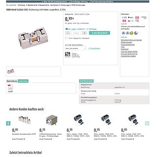 Screenshot eines Online-Shops für eine SMD-Sicherung