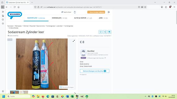 Willhaben Anzeige für Sodastream Zylinder leer