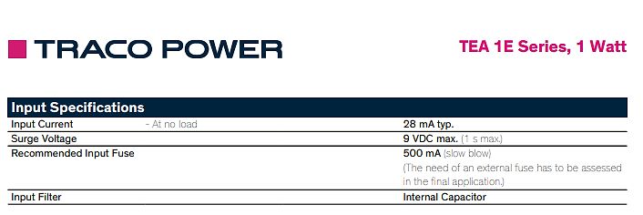 Input Specifications der TEA 1E Series von TRACO POWER