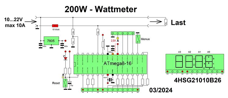 Schaltplan eines 200W Wattmeters mit ATmega8-16