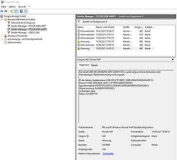 Windows Ereignisanzeige mit USB-Fehlermeldung