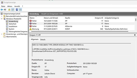 Windows Ereignisanzeige Fehlermeldung IPF