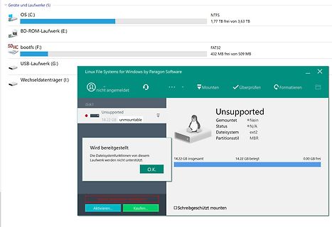 Fehlermeldung Linux Dateisysteme unter Windows