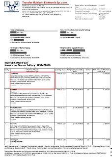 Rechnung von Transfer Multisort Elektronik Sp. z o.o.