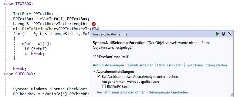 Screenshot einer Fehlermeldung in einer Programmierumgebung