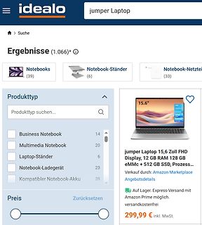 Screenshot einer Idealo-Suchergebnisseite für Jumper Laptops
