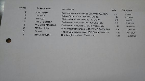 Foto einer Bauteilliste