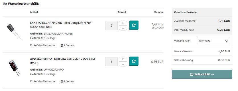 Warenkorb eines Online-Shops für Elektronikbauteile