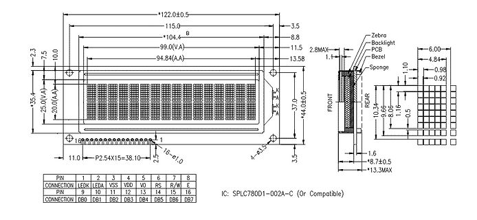 Technische Zeichnung eines LCD-Moduls mit Abmessungen und Pinbelegung