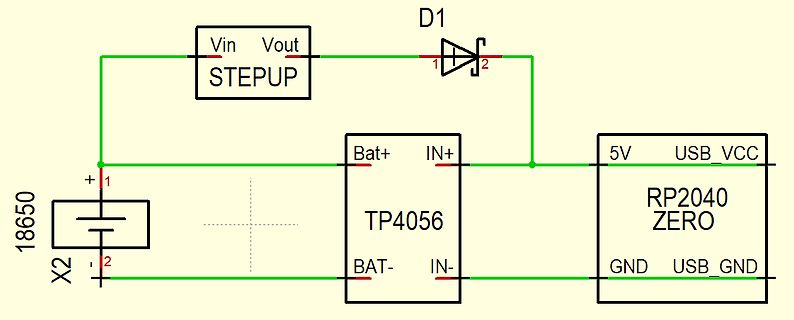 Schaltplan mit STEPUP, TP4056 und RP2040 ZERO